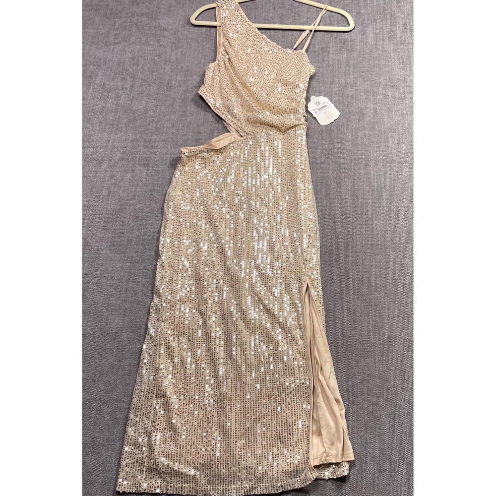 Altar'd State Maxi Dress Womens Medium Champagne Sequin One Shoulder 25BD15PAPP